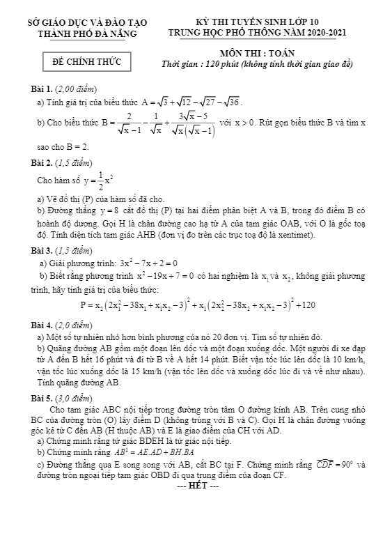 Đề tuyển sinh THPT môn Toán năm 2020 2021 sở GD ĐT Đà Nẵng