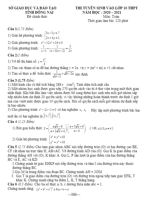 Đề tuyển sinh THPT môn Toán năm 2020 2021 sở GD ĐT Đồng Nai