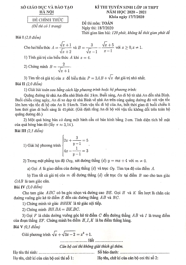 Đề tuyển sinh THPT môn Toán năm 2020 2021 sở GD ĐT Hà Nội