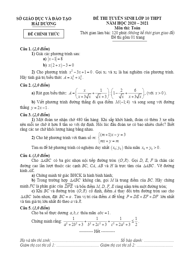 Đề tuyển sinh THPT môn Toán năm 2020 2021 sở GD ĐT Hải Dương