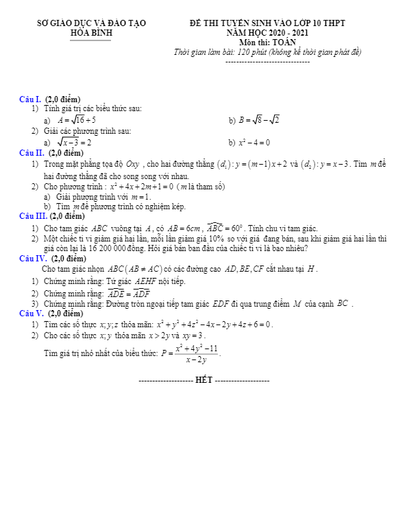 Đề tuyển sinh THPT môn Toán năm 2020 2021 sở GD ĐT Hòa Bình