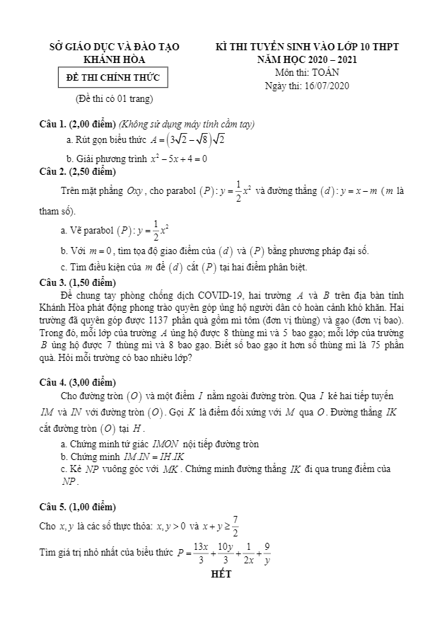 Đề tuyển sinh THPT môn Toán năm 2020 2021 sở GD ĐT Khánh Hòa