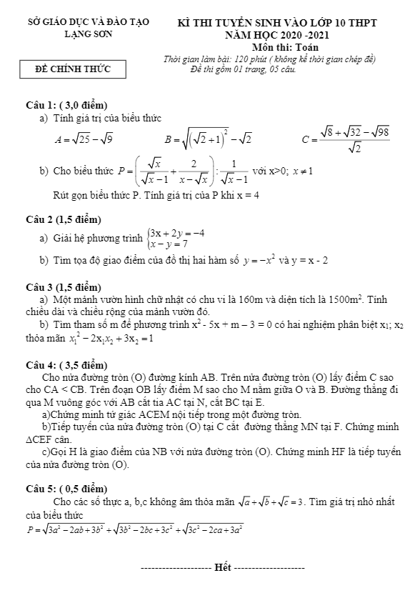 Đề tuyển sinh THPT môn Toán năm 2020 2021 sở GD ĐT Lạng Sơn