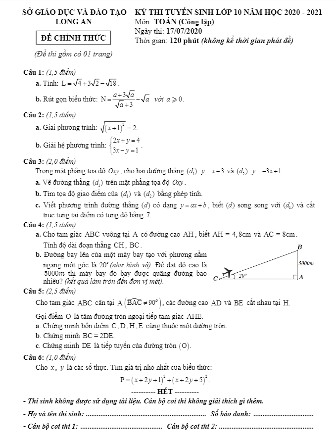 Đề tuyển sinh THPT môn Toán năm 2020 2021 sở GD ĐT Long An