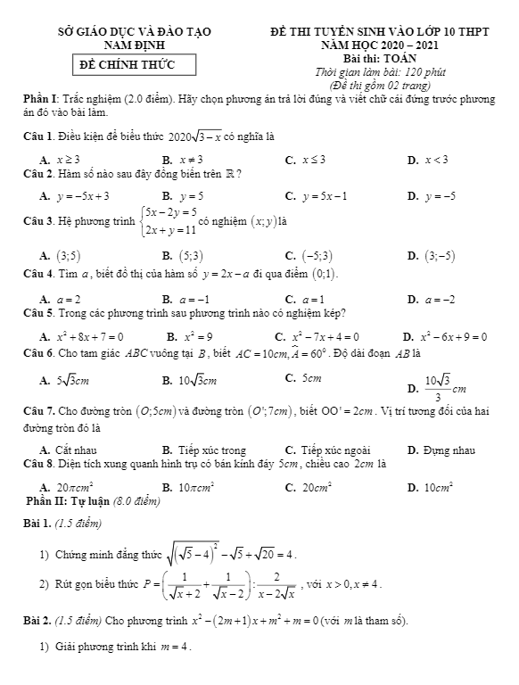 Đề tuyển sinh THPT môn Toán năm 2020 2021 sở GD ĐT Nam Định