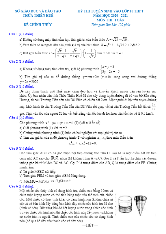 Đề tuyển sinh THPT môn Toán năm 2020 2021 sở GD ĐT Thừa Thiên Huế