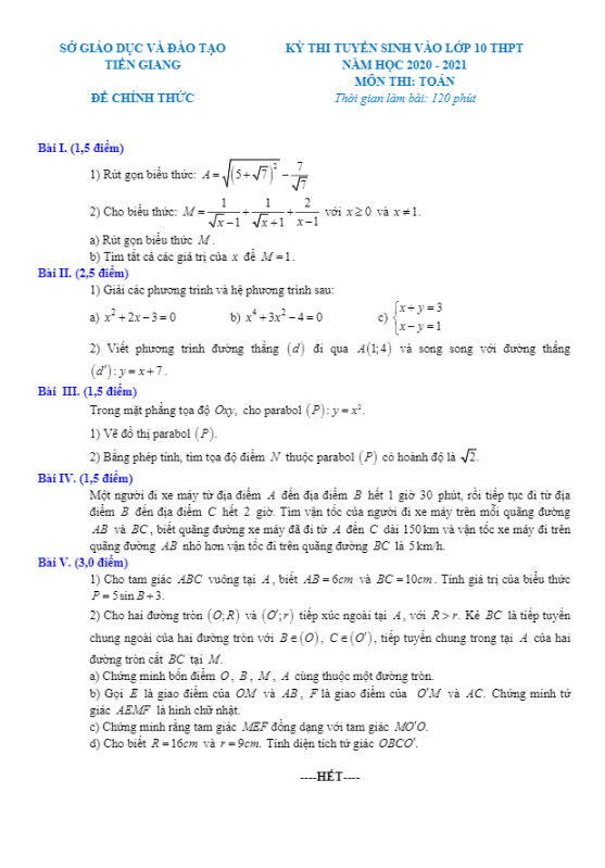 Đề tuyển sinh THPT môn Toán năm 2020 2021 sở GD ĐT Tiền Giang