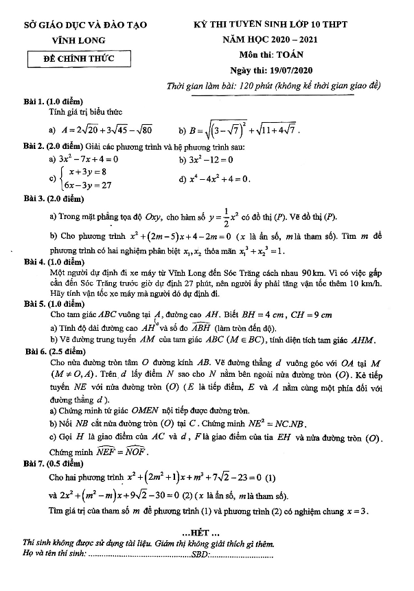 Đề tuyển sinh THPT môn Toán năm 2020 2021 sở GD ĐT Vĩnh Long