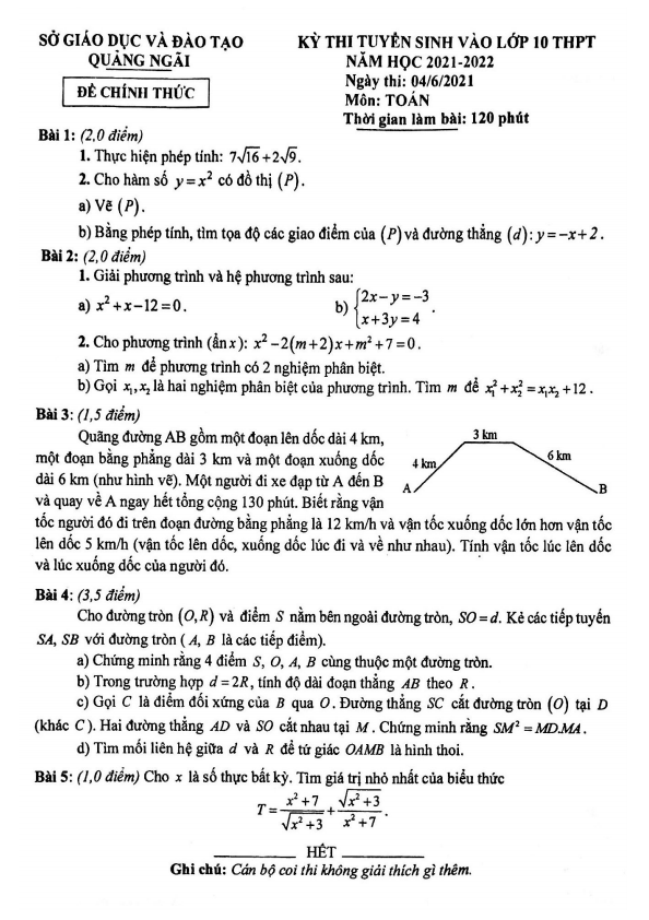 Đề tuyển sinh THPT môn Toán năm 2021 2022 sở GD ĐT Quảng Ngãi