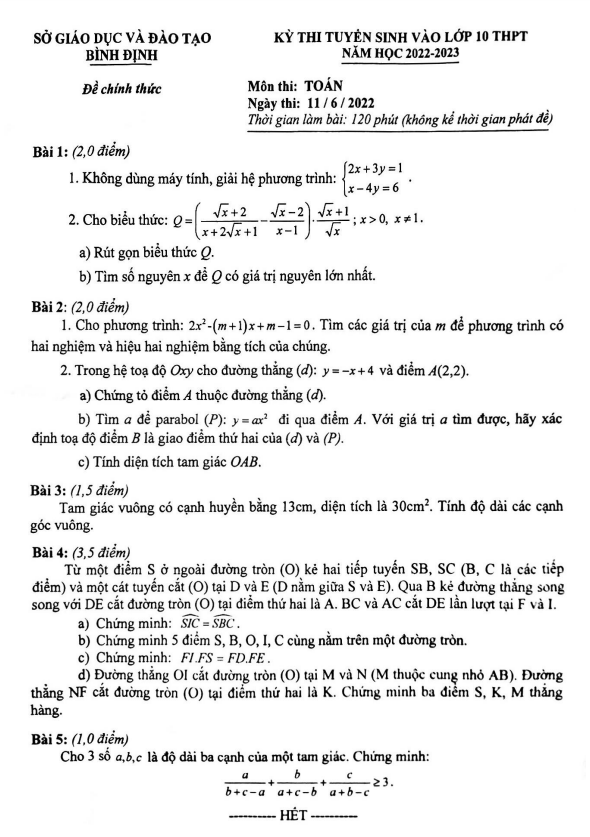 Đề tuyển sinh THPT môn Toán năm 2022 2023 sở GD ĐT Bình Định