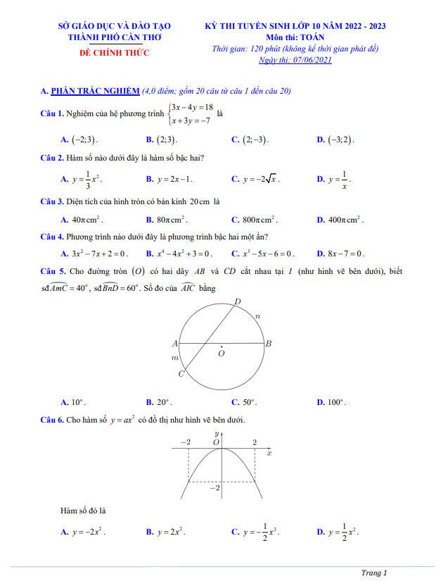 Đề tuyển sinh THPT môn Toán năm 2022 2023 sở GD ĐT Cần Thơ