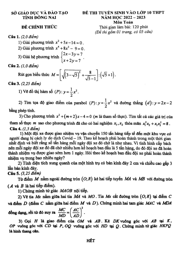 Đề tuyển sinh THPT môn Toán năm 2022 2023 sở GD ĐT Đồng Nai