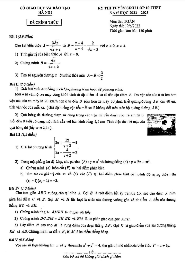 Đề tuyển sinh THPT môn Toán năm 2022 2023 sở GD ĐT Hà Nội
