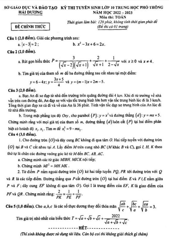 Đề tuyển sinh THPT môn Toán năm 2022 2023 sở GD ĐT Hải Dương