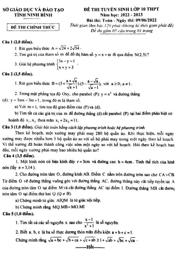 Đề tuyển sinh THPT môn Toán năm 2022 2023 sở GD ĐT Ninh Bình