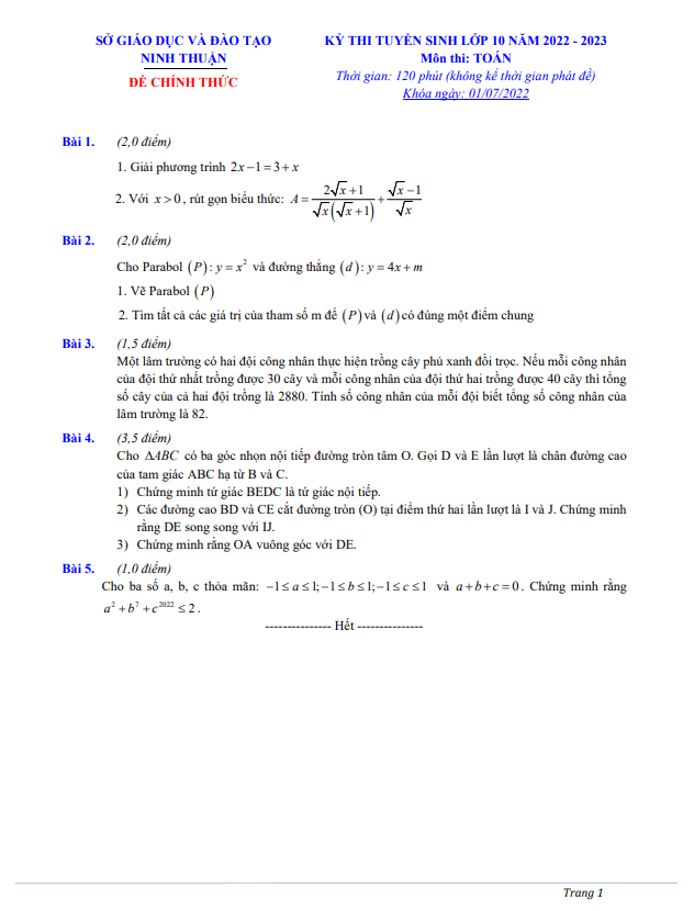 Đề tuyển sinh THPT môn Toán năm 2022 2023 sở GD ĐT Ninh Thuận