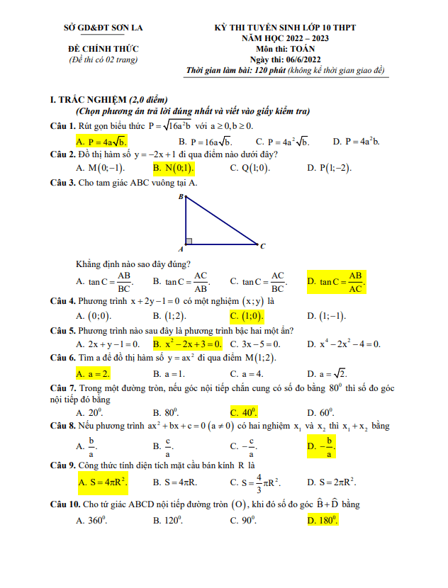 Đề tuyển sinh THPT môn Toán năm 2022 2023 sở GD ĐT Sơn La