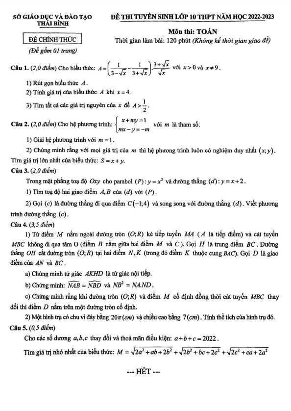 Đề tuyển sinh THPT môn Toán năm 2022 2023 sở GD ĐT Thái Bình