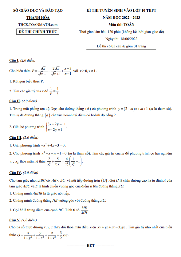 Đề tuyển sinh THPT môn Toán năm 2022 2023 sở GD ĐT Thanh Hóa