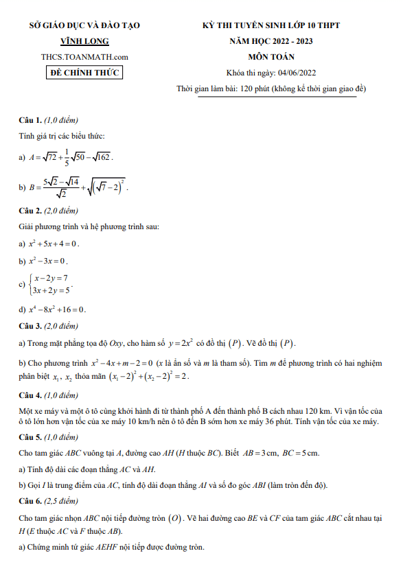 Đề tuyển sinh THPT môn Toán năm 2022 2023 sở GD ĐT Vĩnh Long