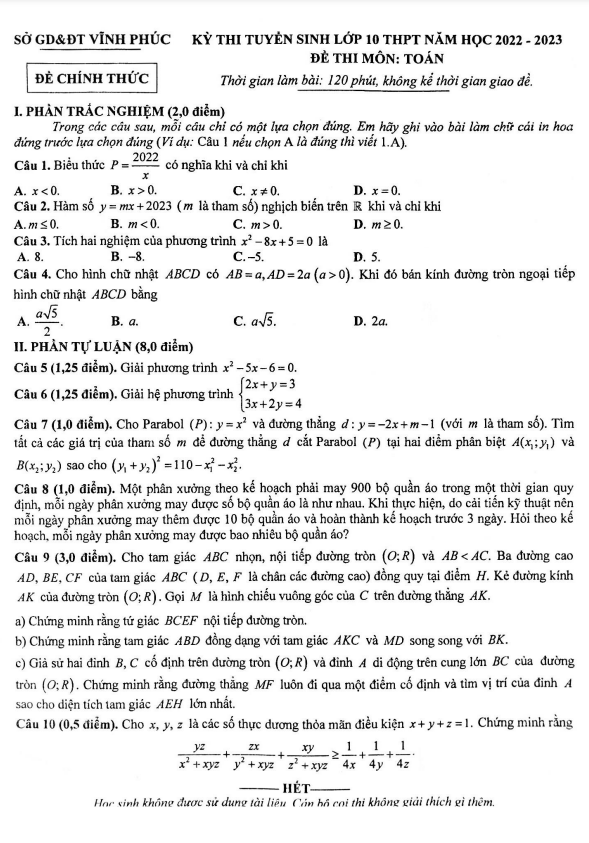 Đề tuyển sinh THPT môn Toán năm 2022 2023 sở GD ĐT Vĩnh Phúc