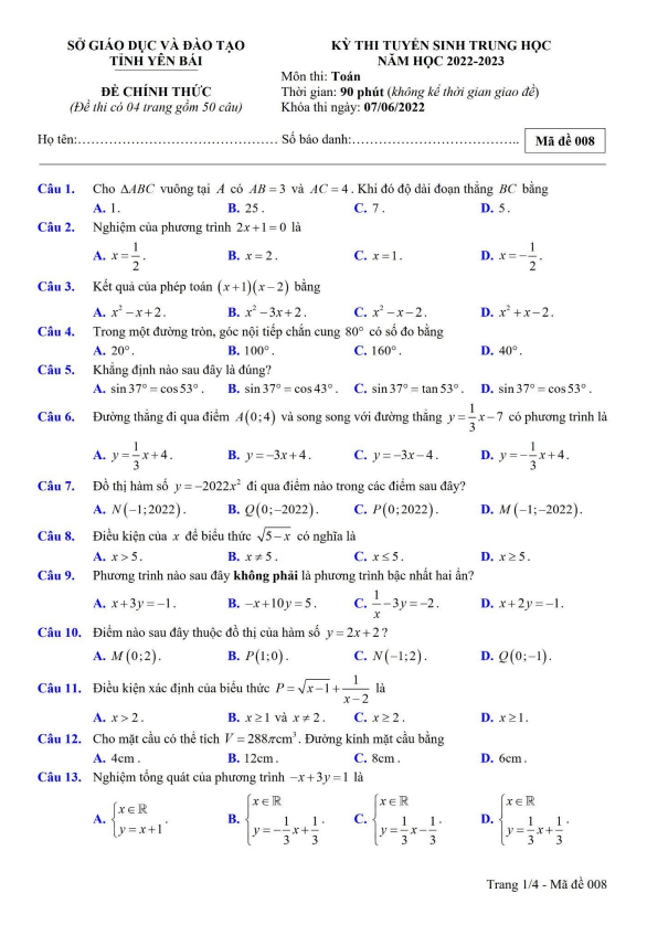 Đề tuyển sinh THPT môn Toán năm 2022 2023 sở GD ĐT Yên Bái