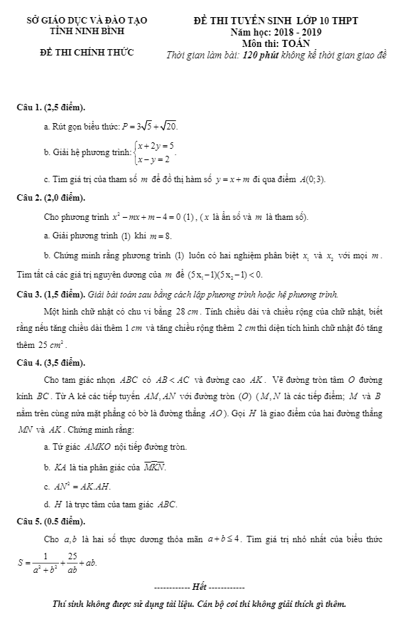 Đề tuyển sinh THPT năm 2018 2019 môn Toán sở GD và ĐT Ninh Bình