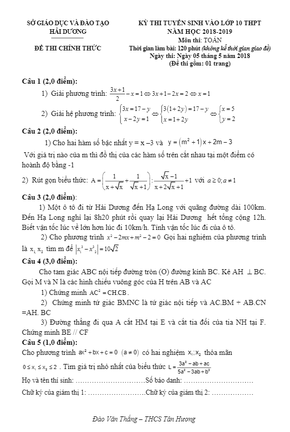 Đề tuyển sinh THPT năm 2018 2019 sở GD và ĐT Hải Dương