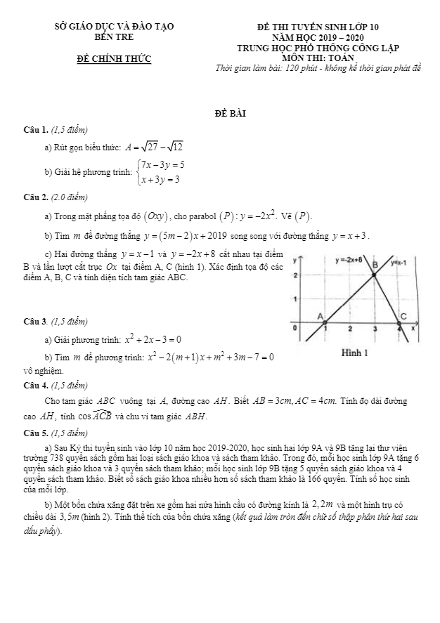 Đề tuyển sinh THPT năm 2019 2020 môn Toán sở GD ĐT Bến Tre