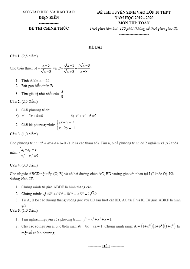 Đề tuyển sinh THPT năm 2019 2020 môn Toán sở GD ĐT Điện Biên