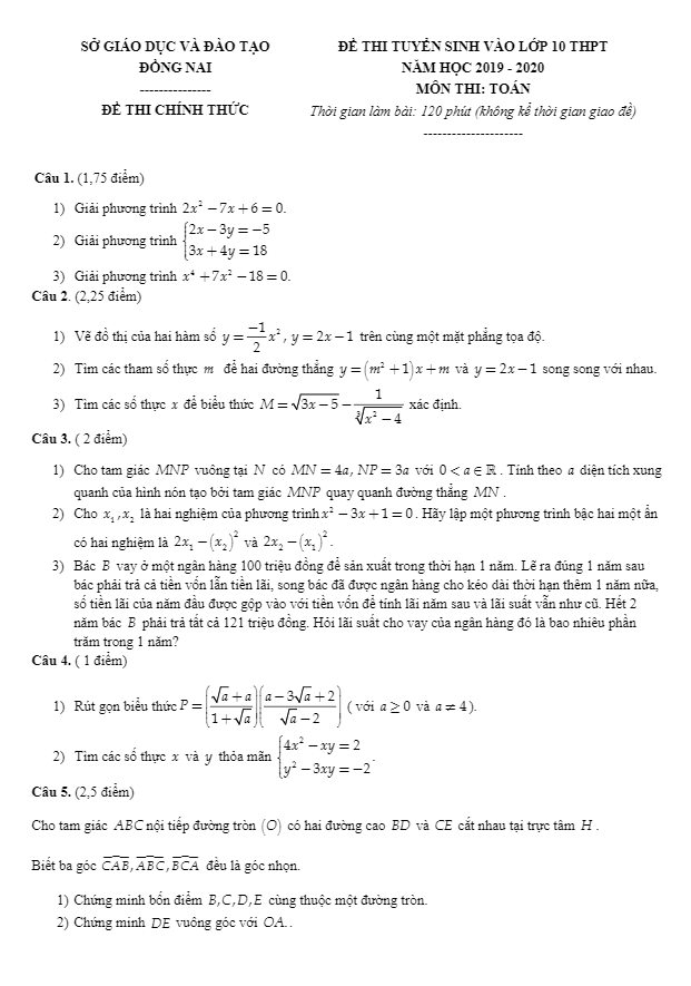 Đề tuyển sinh THPT năm 2019 2020 môn Toán sở GD ĐT Đồng Nai