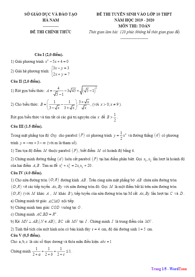 Đề tuyển sinh THPT năm 2019 2020 môn Toán sở GD ĐT Hà Nam