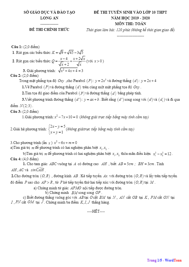 Đề tuyển sinh THPT năm 2019 2020 môn Toán sở GD ĐT Long An