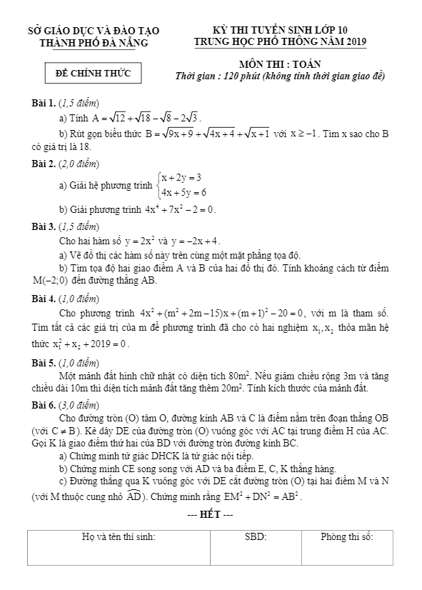 Đề tuyển sinh THPT năm 2019 môn Toán sở GD ĐT Đà Nẵng