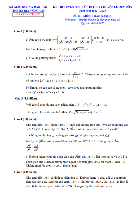 Đề tuyển sinh Toán (chuyên) 2022 2023 trường chuyên Lê Quý Đôn BR VT