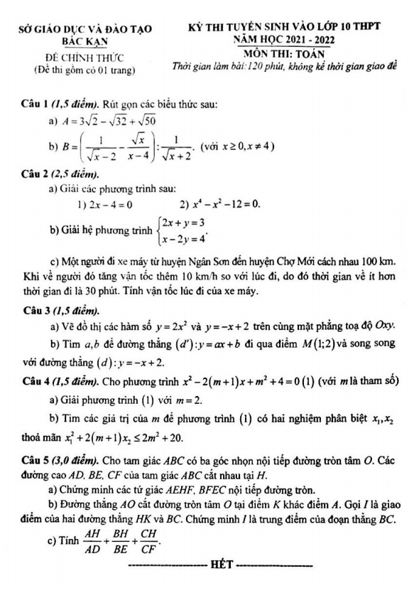 Đề tuyển sinh vào môn Toán năm 2021 2022 sở GD ĐT Bắc Kạn