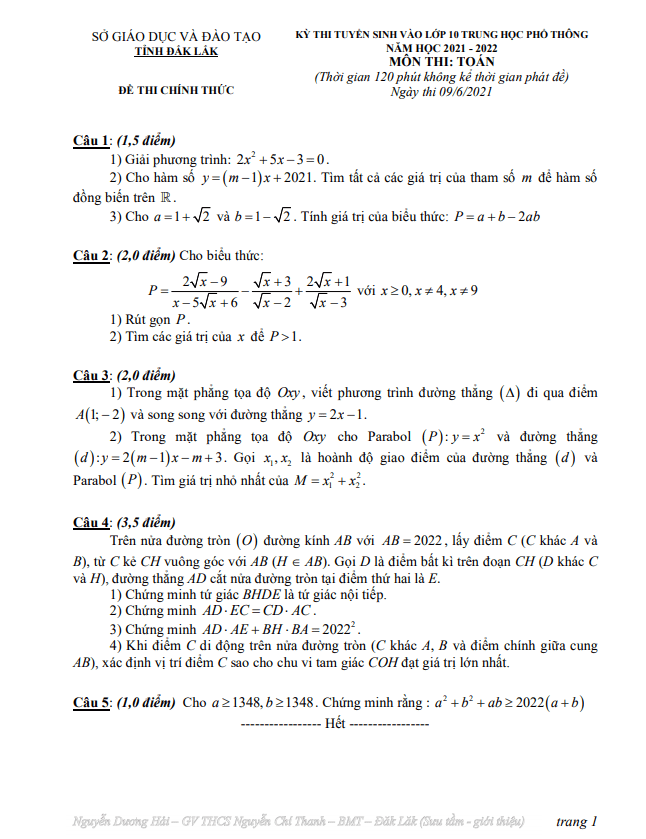Đề tuyển sinh vào môn Toán năm 2021 2022 sở GD ĐT Đắk Lắk