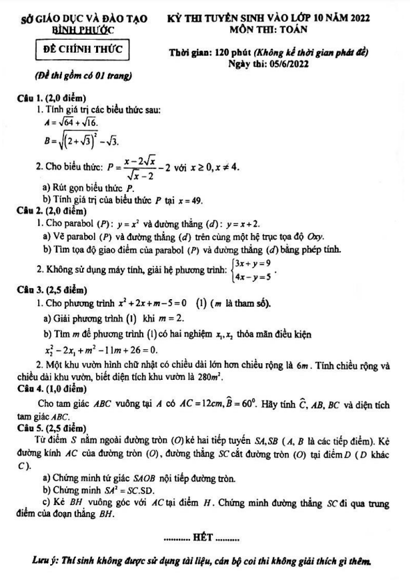 Đề tuyển sinh vào môn Toán năm 2022 sở GD ĐT Bình Phước