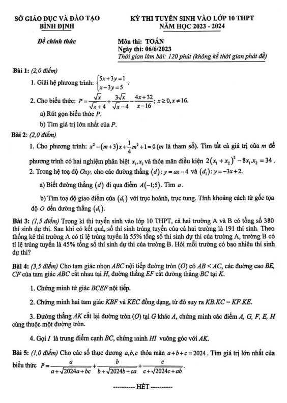 Đề tuyển sinh vào môn Toán năm 2023 2024 sở GD ĐT Bình Định
