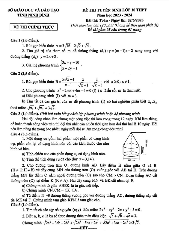 Đề tuyển sinh vào môn Toán năm 2023 2024 sở GD ĐT Ninh Bình
