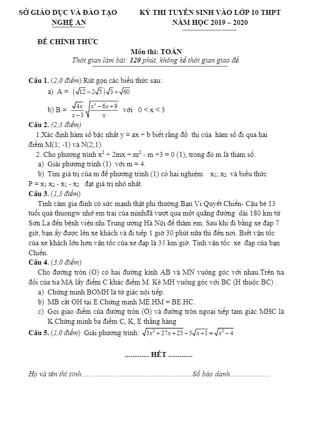 Đề tuyển sinh vào năm 2019 2020 môn Toán sở GD ĐT Nghệ An