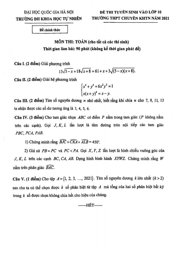 Đề tuyển sinh vào năm 2021 trường THPT chuyên KHTN Hà Nội