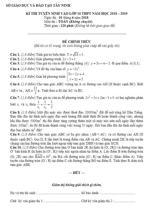 Đề tuyển sinh vào THPT 2018 2019 môn Toán sở GD và ĐT Tây Ninh (không chuyên)
