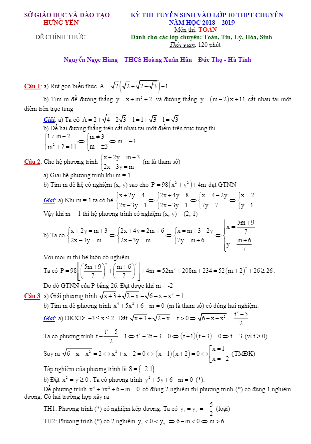 Đề tuyển sinh vào THPT chuyên 2018 2019 sở GD và ĐT Hưng Yên