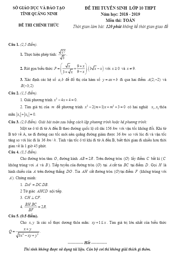 Đề tuyển sinh vào THPT môn Toán năm 2018 2019 sở GD và ĐT Quảng Ninh
