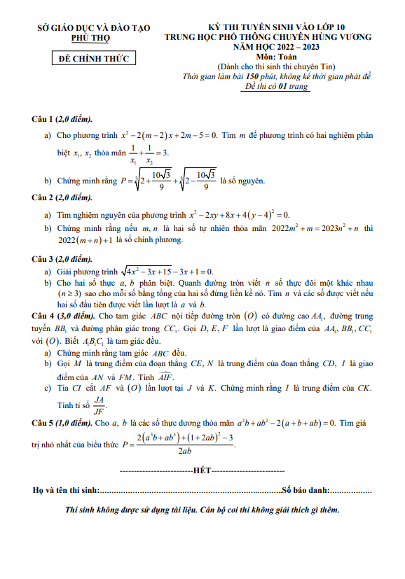 Đề vào 10 môn Toán (chuyên Tin) 2022 2023 trường chuyên Hùng Vương Phú Thọ
