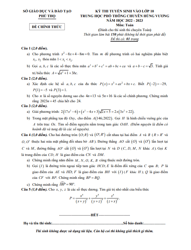 Đề vào 10 môn Toán (chuyên Toán) 2022 2023 trường chuyên Hùng Vương Phú Thọ