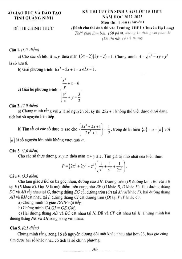Đề vào môn Toán (chuyên) năm 2022 2023 trường chuyên Hạ Long Quảng Ninh