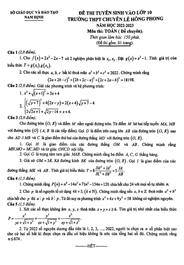 Đề vào môn Toán (chuyên) năm 2022 2023 trường chuyên Lê Hồng Phong Nam Định