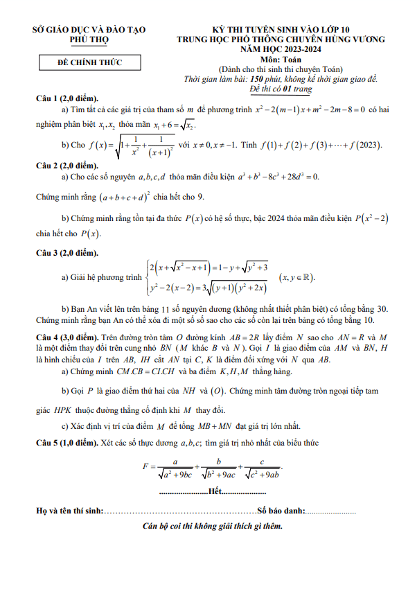 Đề vào môn Toán (chuyên) năm 2023 2024 trường chuyên Hùng Vương Phú Thọ